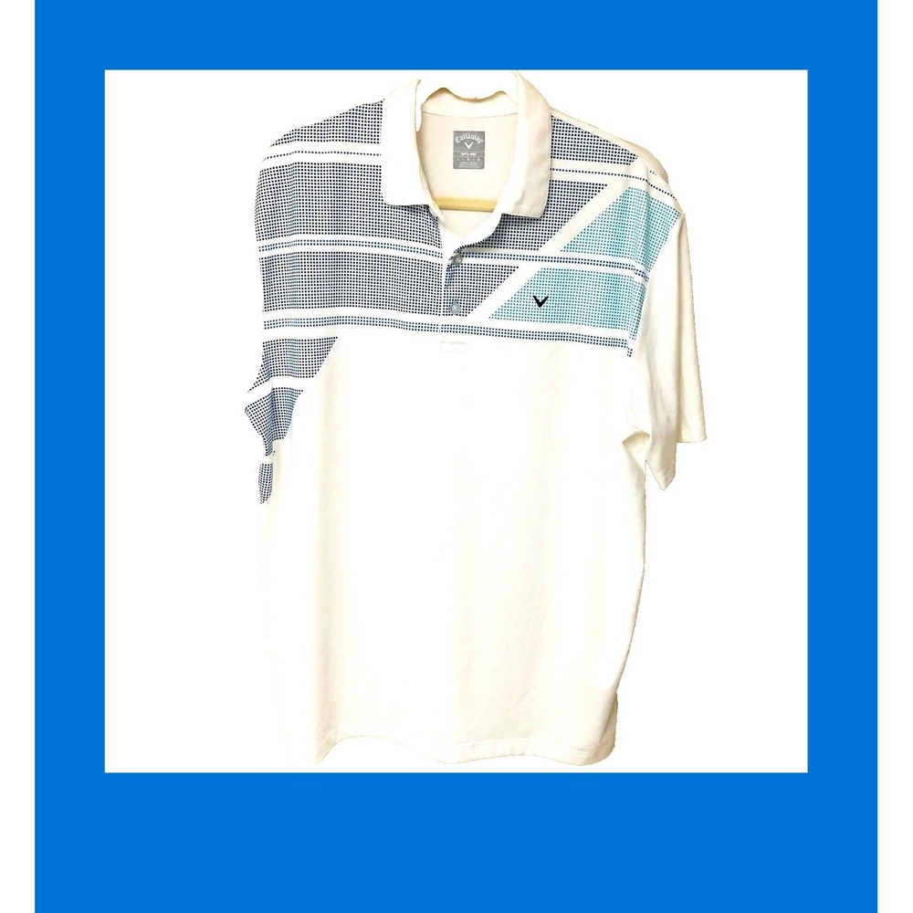 Callaway Golf Polo Shirt Men's L White Blue Abstract Moisture Wicking Activewear